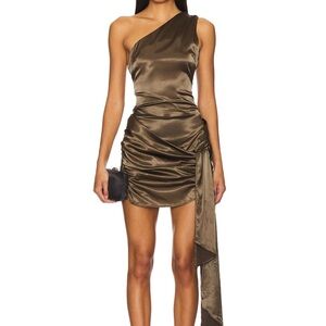 Superdown One-Shoulder Satin Dress in Brown